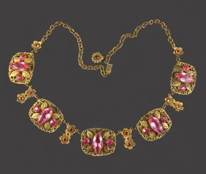 Vintage Gold filigrane FESTOON HALSKETTE leuchtend rosa tschechische Glassteine HALSBAND KRAGEN - Bild 1 von 9