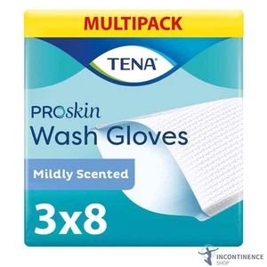 3x TENA ProSkin Wet Wash Glove - No Rinse Cleansing - Mildy Scented - Pack of 8 - Picture 1 of 6