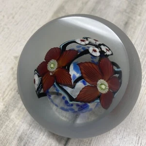 Satava Studio Red Flower Frosted Paperweight VTG 1992 Signed - Picture 1 of 14