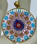 VINTAGE GOLD PLATED STERLING SILVER MILLEFIORI PENDANT ART GLASS BLUE PINK