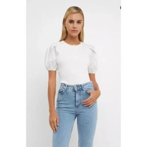 Anthropologie ENGLISH FACTORY Mixed Media Puff Sleeve Henley Top, Size XS - Picture 1 of 10