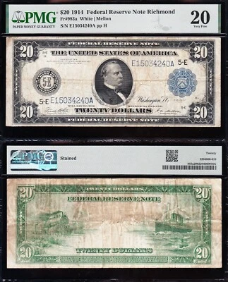 NICE Bold VF 1914 $20 RICHMOND Federal Reserve Note! PMG 20! FREE SHIP! 34240A - Image 1 of 3