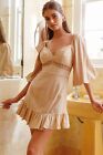Indikah Under The Moon Puff Sleeve Dress Women's Size 10 Sand Lace Mini Backless