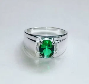 Vivid Green Oval Cut Emerald & White Moissanite 10K White Gold Men's Signet Ring - Picture 1 of 6