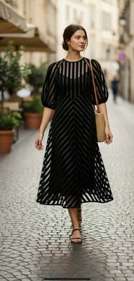 Zimmermann Black Striped Velour Midi Dress Size 0 AU 8 US 4 Midi Long Sleeve - Image 1 of 4