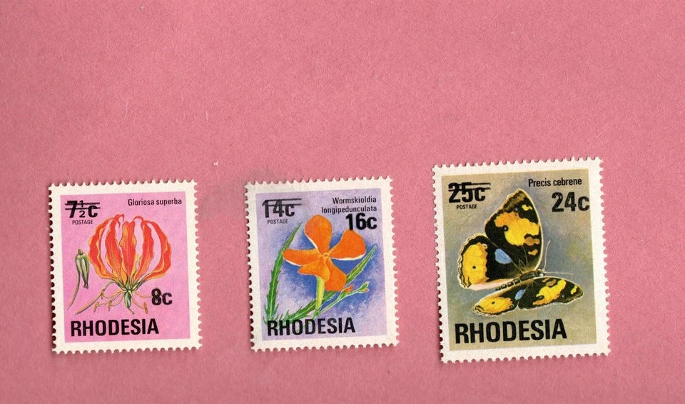 RHODESIA # 364-6 MINT SET OF 3 FLOWERS/ BUTTERFLY SURCHARGES - Image 1 of 1