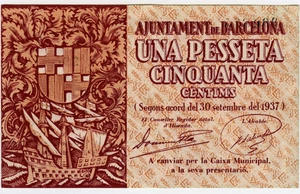 ☆ SPAIN CIVIL WAR 1937 • BARCELONA 1.5p MUNICIPAL ☆ GUERRA CIVIL ESPAÑOLA ☆D1417 - Picture 1 of 2