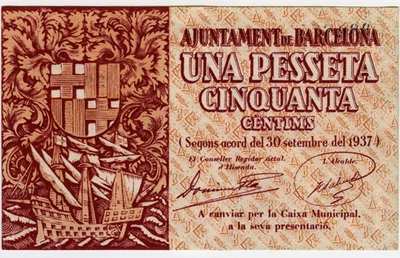 ☆ SPAIN CIVIL WAR 1937 • BARCELONA 1.5p MUNICIPAL ☆ GUERRA CIVIL ESPAÑOLA ☆D1417 - Image 1 of 2