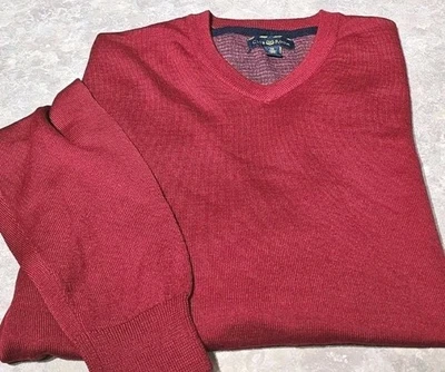 ¡Nuevo! CLUB ROOM-Suéter tejido pulóver de lana merino/acrílico rojo, cuello en V para hombre-(M) Foto 1 de 4