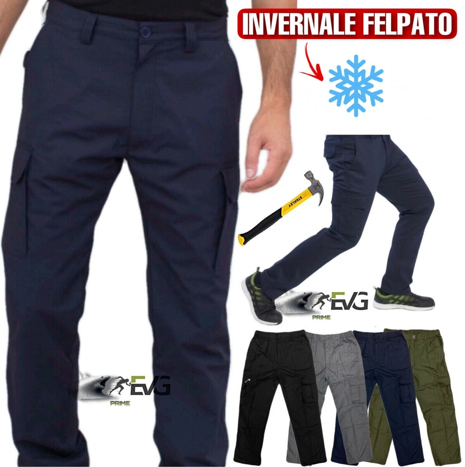 PANTALONE LAVORO UOMO MULTITASCHE INVERNALE FELPATO CASA SPORT PESCA CACCIA EVG - Immagine 1 di 4