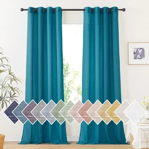 NICETOWN Flax Linen Semi Sheer Curtains 96 Inch, Grommet, Peacock Green,2 Panels - Picture 1 of 8