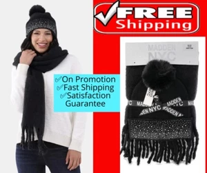 Madden NYC Conjunto de gorro con cable y bufanda a cuadros de invierno para mujer, 2 piezas, negro - Imagen 1 de 11