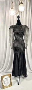 Vtg ‘80’s Couture OOAK Black & Gold Satin & Mesh Polkadot Runway Mermaid Dress - Picture 1 of 18