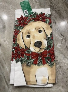 Christmas Puppy Dog Kitchen towel 26”x16” NWT Wreath Hobby Lobby Labrador Golden - Picture 1 of 2
