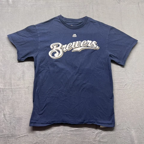 Milwaukee Brewers Shirt Mens Medium Majestic MLB Baseball Blue Short Sleeve Cover