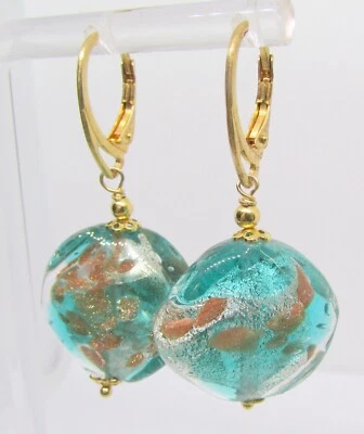 Gold Over 925 Sterling Silver Green Glass Bead Leverback Earrings  47MM -  14.6G - Image 1 of 3