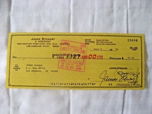 Pristine, Academy Award Winning Actor James Stewart, Personal Check Signed, 1978 - Picture 1 of 3