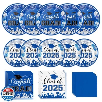Platos y servilletas de graduación 2025 decoraciones de graduación clase de 2025 azul  Foto 1 de 4