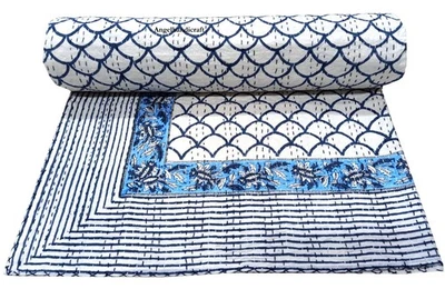 Block Print Kantha Bedspread, 100% Soft Cotton Queen Bedding/ Throw /Coverlet - Image 1 of 4