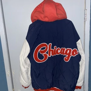 Boohoo Chicago Jacket Mens Large Varsity Hooded Quilted Retro Bomber Baseball - Picture 1 of 9