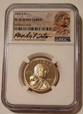 2002 S Native American Sacagawea Dollar PF70 UC NGC Randy'L Teton Signed (B) - Image 1 of 2