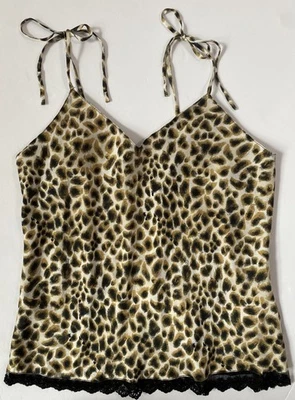 Vtg Silkscreen Cheetah Leopard Silk Cami Tank Top sz M Lace Trim Spaghetti Ties - Image 1 of 4