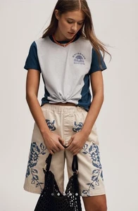 Anthropologie Pilcro Bennie Slub Crew Tee T-Shirt Colorblock Blue XXS Beach Club - Picture 1 of 6