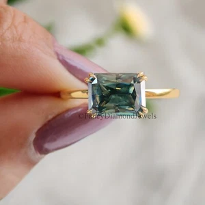 Green Radiant Moissanite Ring Double Claw Prong Ring 1.65 CT Wedding Ring FD65 - Picture 1 of 10
