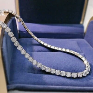14K White Gold Plated VVS1 Moissanite 4mm Round Cut Tennis Necklace 20" Chain - Picture 1 of 11
