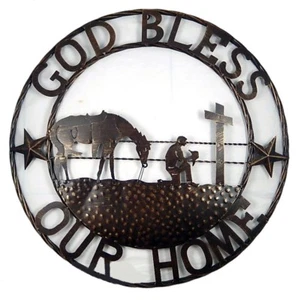 24" GOD BLESS OUR HOME METAL BARN WESTERN METAL ART HOME DECOR RUSTIC COPPER NEW - Picture 1 of 12