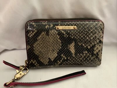 Cartera sin asas Stella & Dot marrón/rosa/dorado diseño piel de serpiente cremallera alrededor Foto 1 de 2