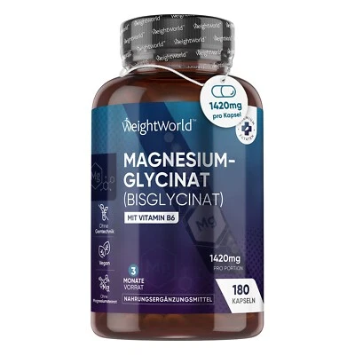 WEIGHTWORLD Magnesium 180Kapseln - Bisglycinat 1420mg - Vitamin B6 - Stoffwechsel, Müdigkeit