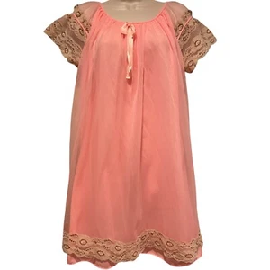 Vintage 60s Chiffon Peach Peignoir Short Nightgown with Tan Lace Trim Size M USA - Picture 1 of 7