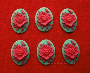 6 Unset Bright RED ROSE on GREEN 25mm x 18mm Costume Jewelry CAMEOS for Crafts - Picture 1 of 2
