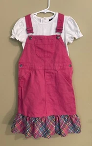 CHAPS Girls Size 6X Overall Jumper Dress Pink Denim Short Sleeve White Top EUC - Picture 1 of 9