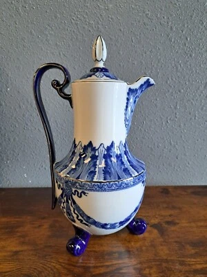 Vintage 98 Bombay Company Cobalt Blue/White/Silver Trim Rosette Coffee/Teapot 1