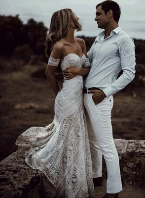 Women's Bohemian Wedding Dress Sweetheart Mermaid Lace Bridal Gown SZ 14 - Image 1 of 4