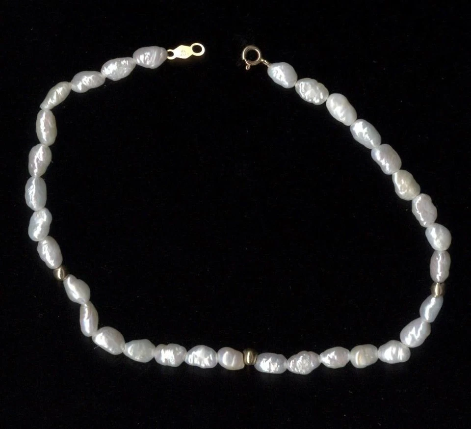 Brazalete de oro amarillo macizo de 14K 4,17 gramos de 8" 7 mm de perlas de arroz blanco Md Foto 1 de 1