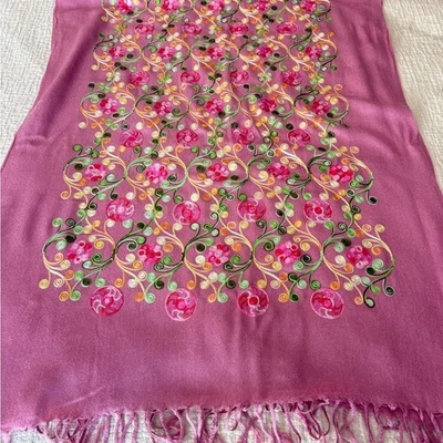 Floral Pink Emboidered Pashmina Warm Winter Scarf - Image 1 of 4