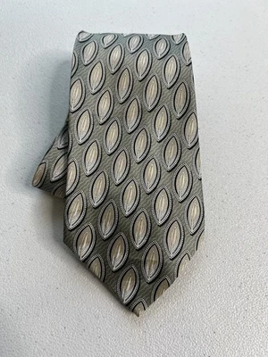 Gianfranco Ferre 灰色/绿色、棕褐色、白叶图案 100% 真丝领带全新无标签 — 第 1/4 张图片