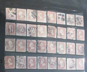 U S Stamps Scott #65, three cent Washington used various cancels lot 32 items - Picture 1 of 1