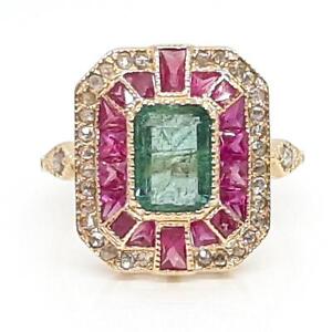 $8,999 SOLID 14K Yellow Gold 1.65ct Emerald, French Cut Ruby & H-SI Diamond Ring