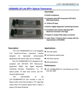 LCP-10G3B4HDR(T)-G 10GBASE-LR Lite SFP+ Optical Transceiver 3.3v SFF 6.144Gbps - Picture 1 of 1