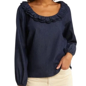 $118 NEW DRAPER JAMES Chambray Denim Peasant Top Blouse 1X Ruffle Boho Feminine - Picture 1 of 12