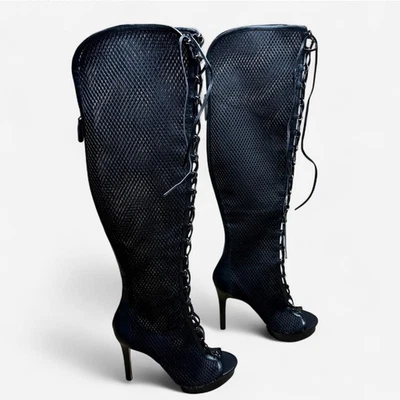 JLO черный рыбы сети над колена ботинки на шпильке размер 10 корсет платформе шнурует вверх каблук - Изображение 1 из 4