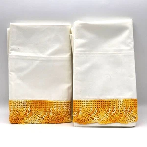 Penny's Linens VTG Percale Bed Pillow Cases 2" Hand Crocheted Edge 32" x 20.5"   - Picture 1 of 7