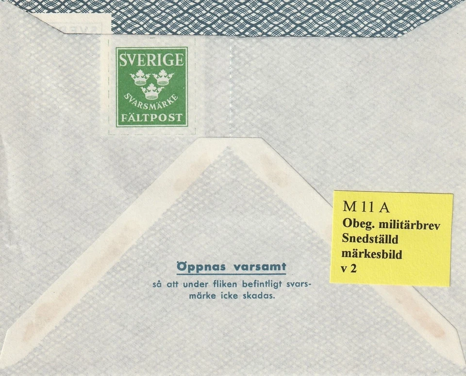 SUECIA: Correo militar, sobre militar 1941 M11Av2, sin usar, sello de respuesta sesgado Foto 1 de 1