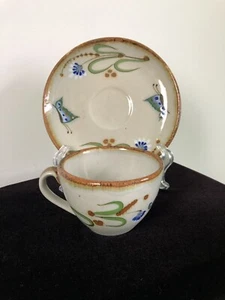 Vtg TONALA ERANDI COFFEE CUP SAUCER Set BLUE BUTTERFLY NATURAL FLORAL MEXICO - Picture 1 of 7