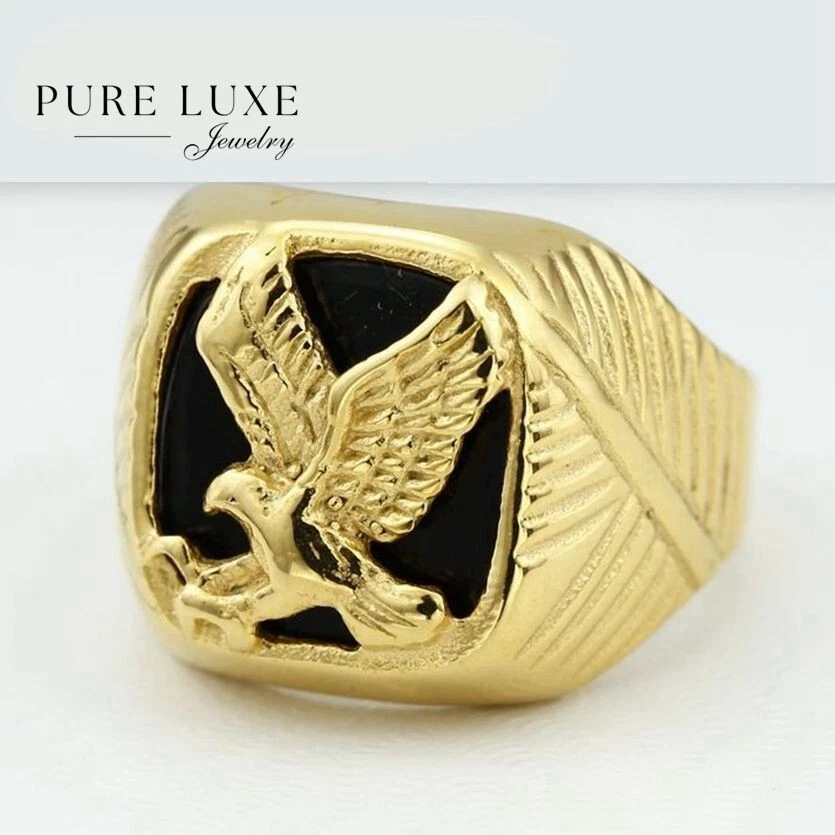 Men's Stainless Steel Onyx Black,Eagle Rings # 8 -13 Gold plated Box, Foto 1 de 1