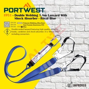 Portwest FP51 Double Webbing 1.8m Lanyard With Shock Absorber, Hooks, Carabiner - Picture 1 of 3